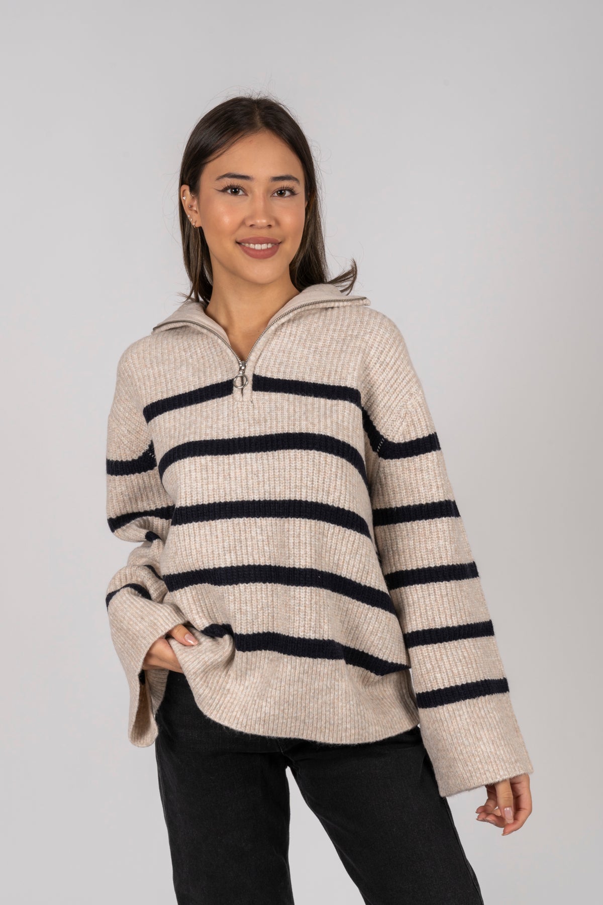 Nevena Stripe Knit Blouse - Sand