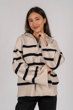 Nevena Stripe Knit Blouse - Sand