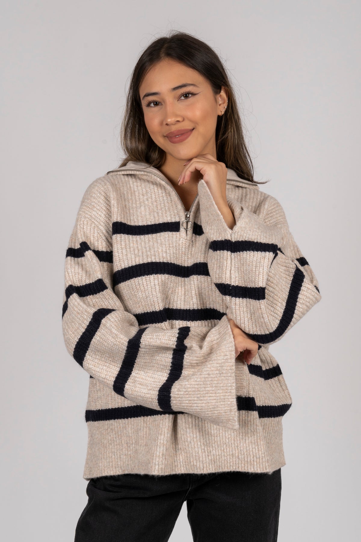 Nevena Stripe Knit Blouse - Sand
