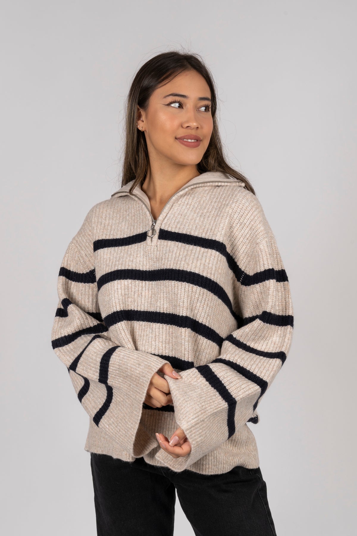 Nevena Stripe Knit Blouse - Sand