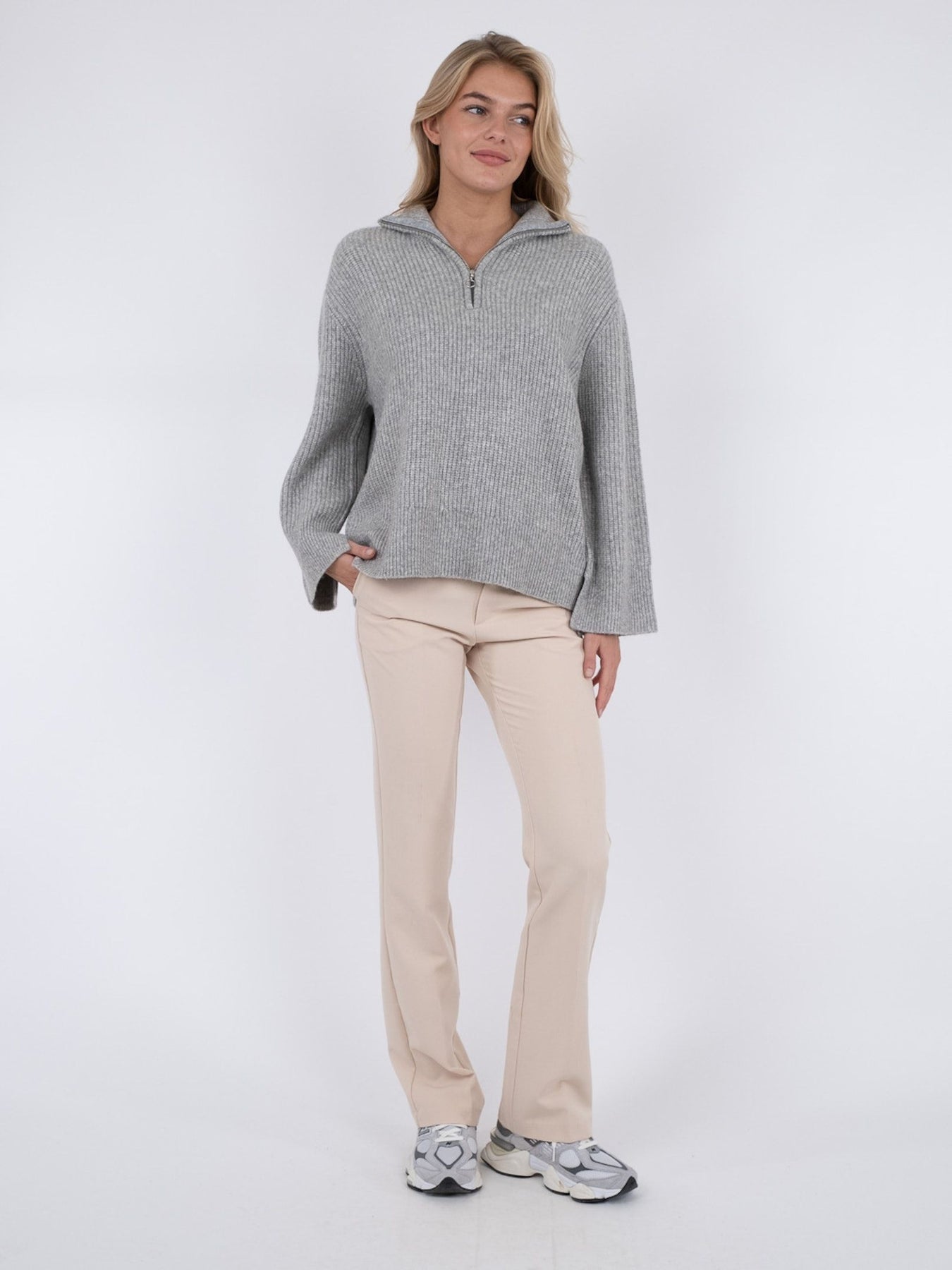 Nevena Solid Knit Blouse - Grey Melange