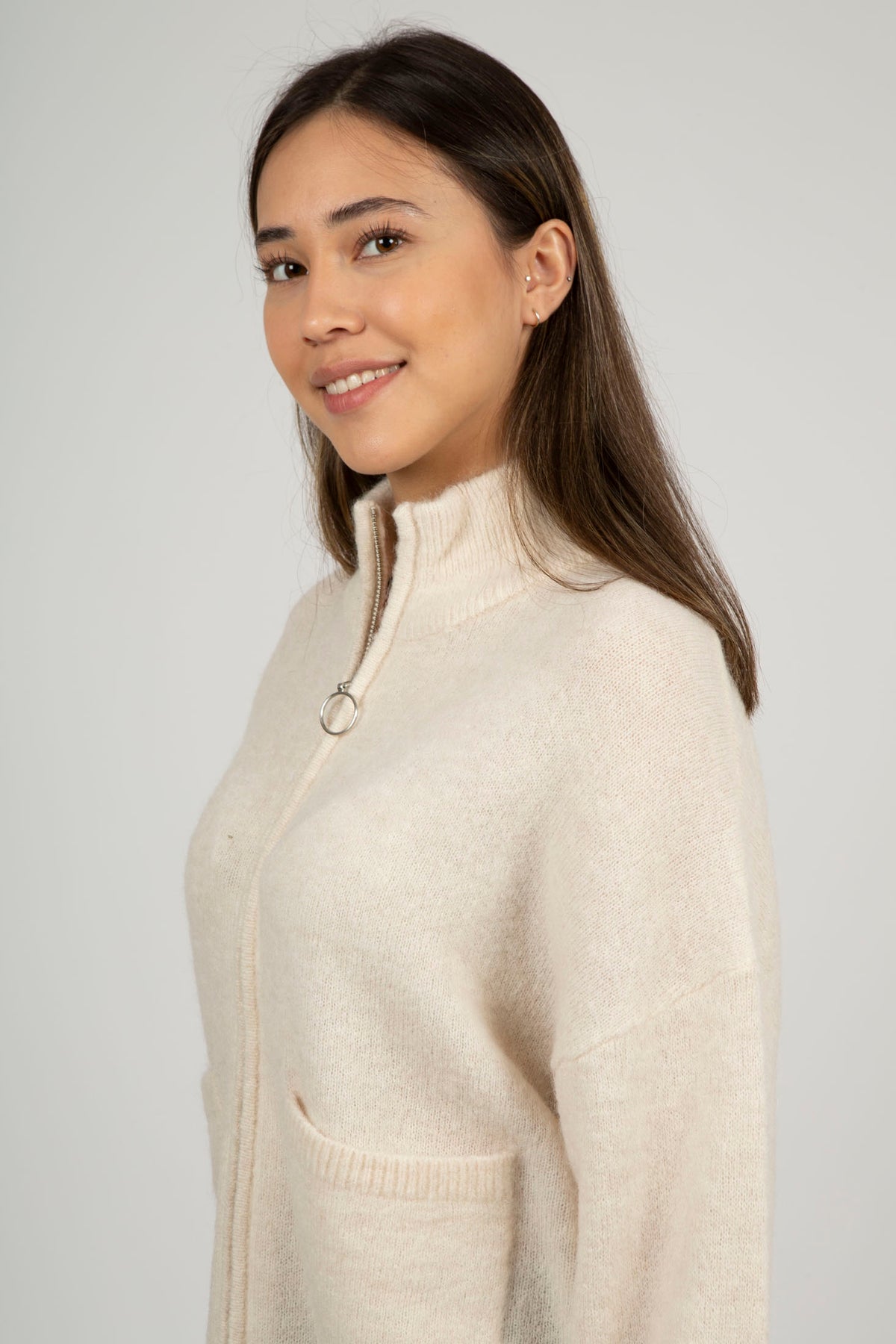 Sia LS Knit Zipper Cardigan - Birch Melange