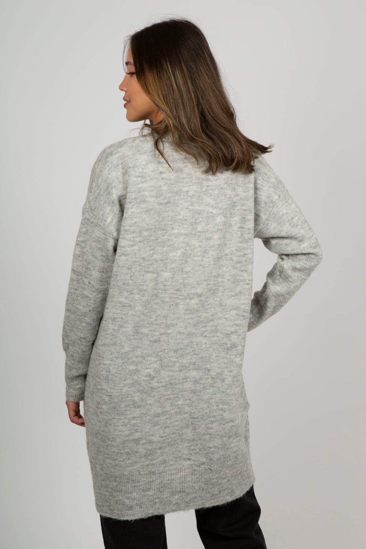Lulu New Ls Knit Long Cardigan - Light Grey Melange