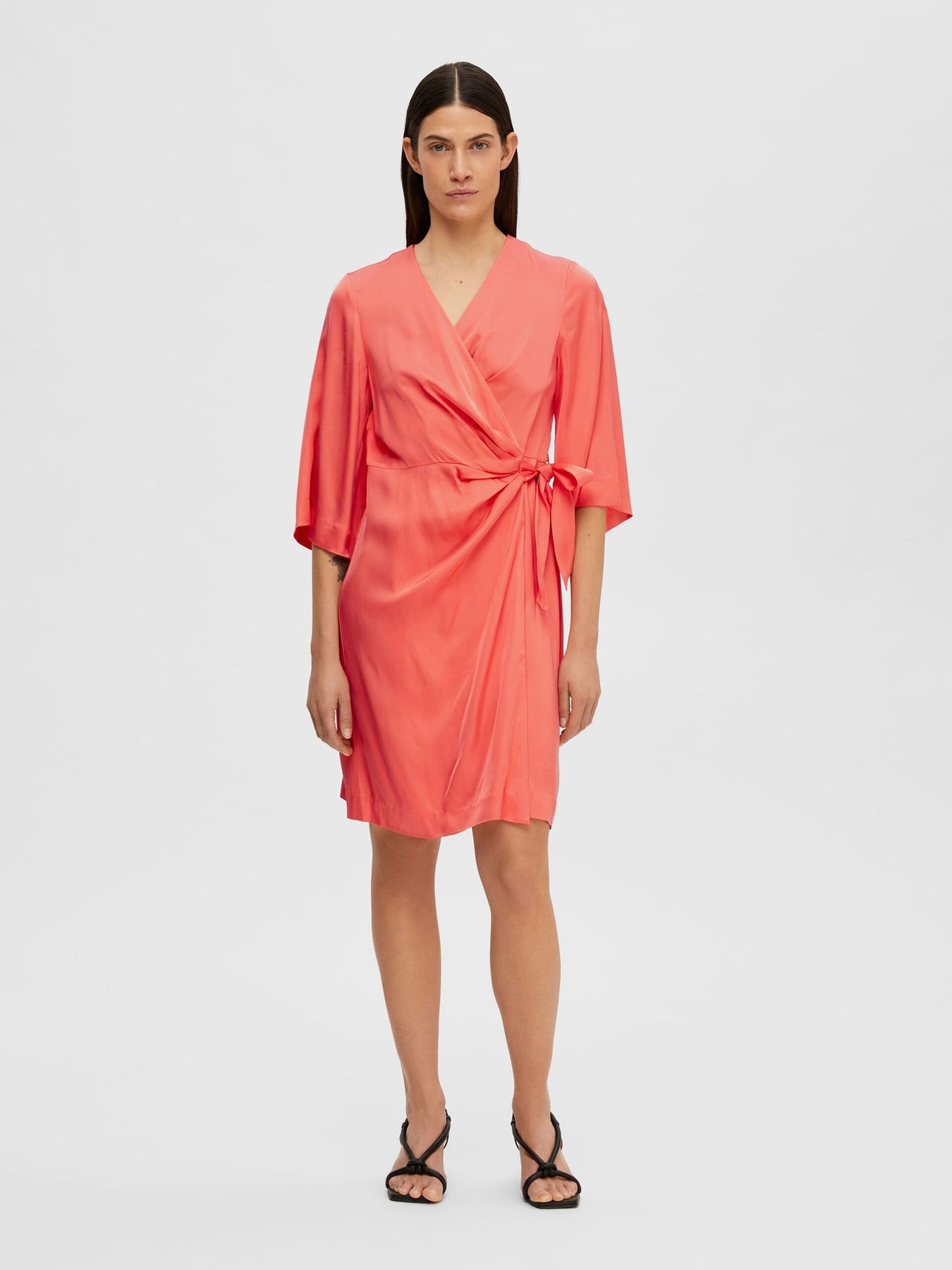 Franziska 3/4 Short Satin Wrap Dress - Emberglow