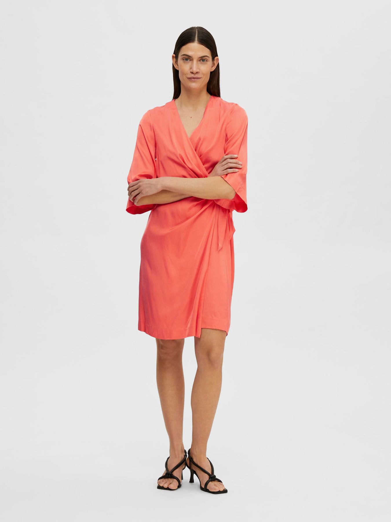 Franziska 3/4 Short Satin Wrap Dress - Emberglow