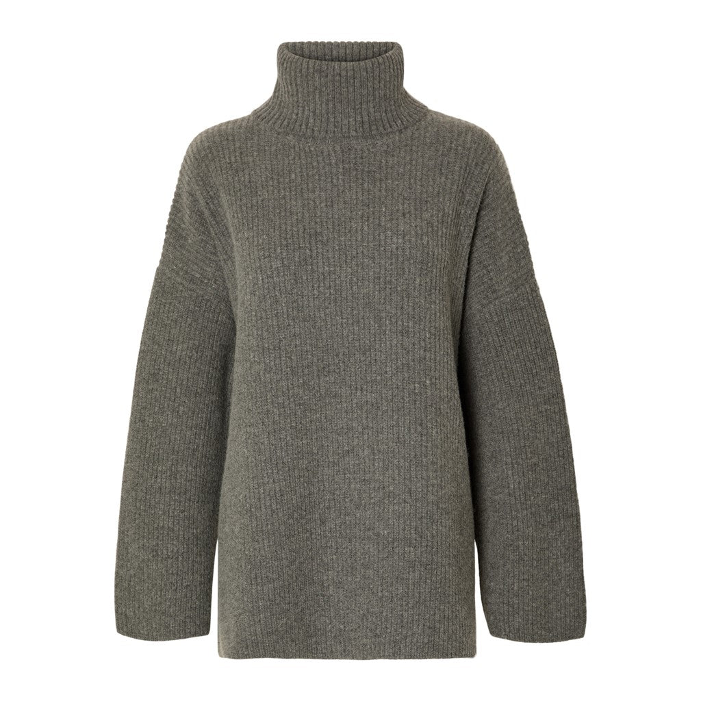 Mary LS Long Knit Roll Neck - Light Grey Melange