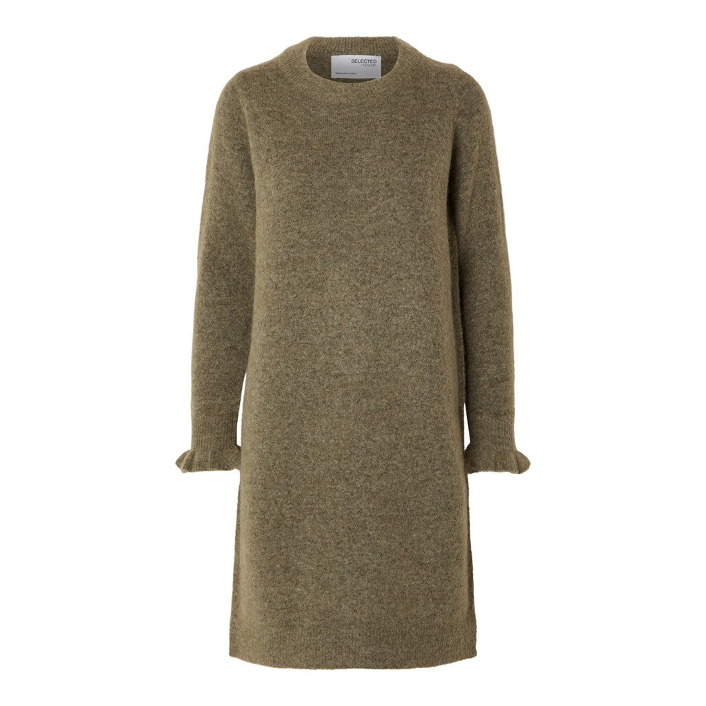 Sia Ras Frill LS Knit Dress - Dusky Green Melange