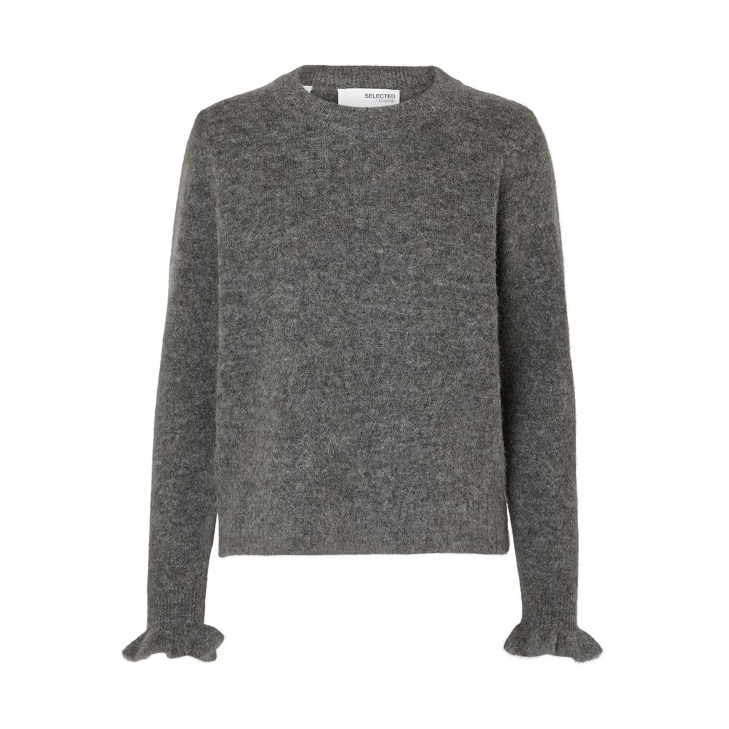 Sia Ras LS Knit Frill Cuff O-Neck B - Medium Grey Melange