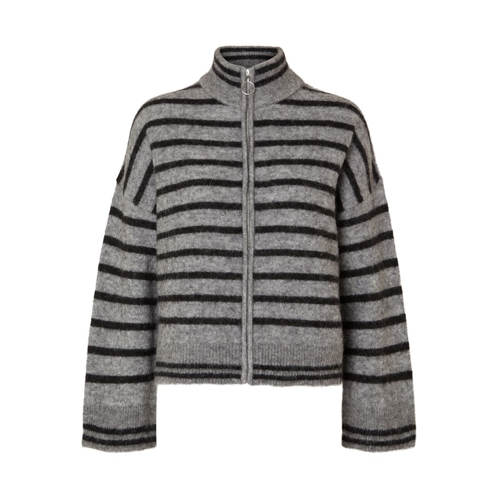 Sia Ras Stripe LS Knit Cardigan EX - Medium Grey Melange/Black