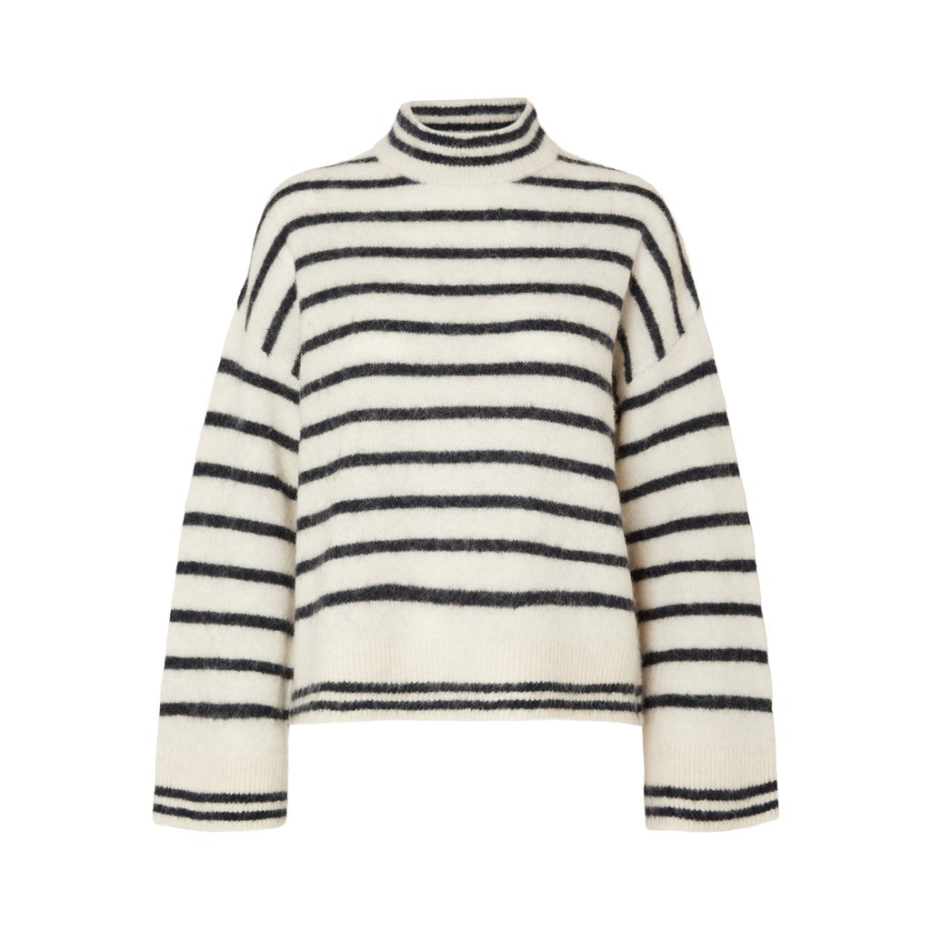 Sia Ras Stripe LS Knit T-Neck EX - Birch/Dark Sapphire