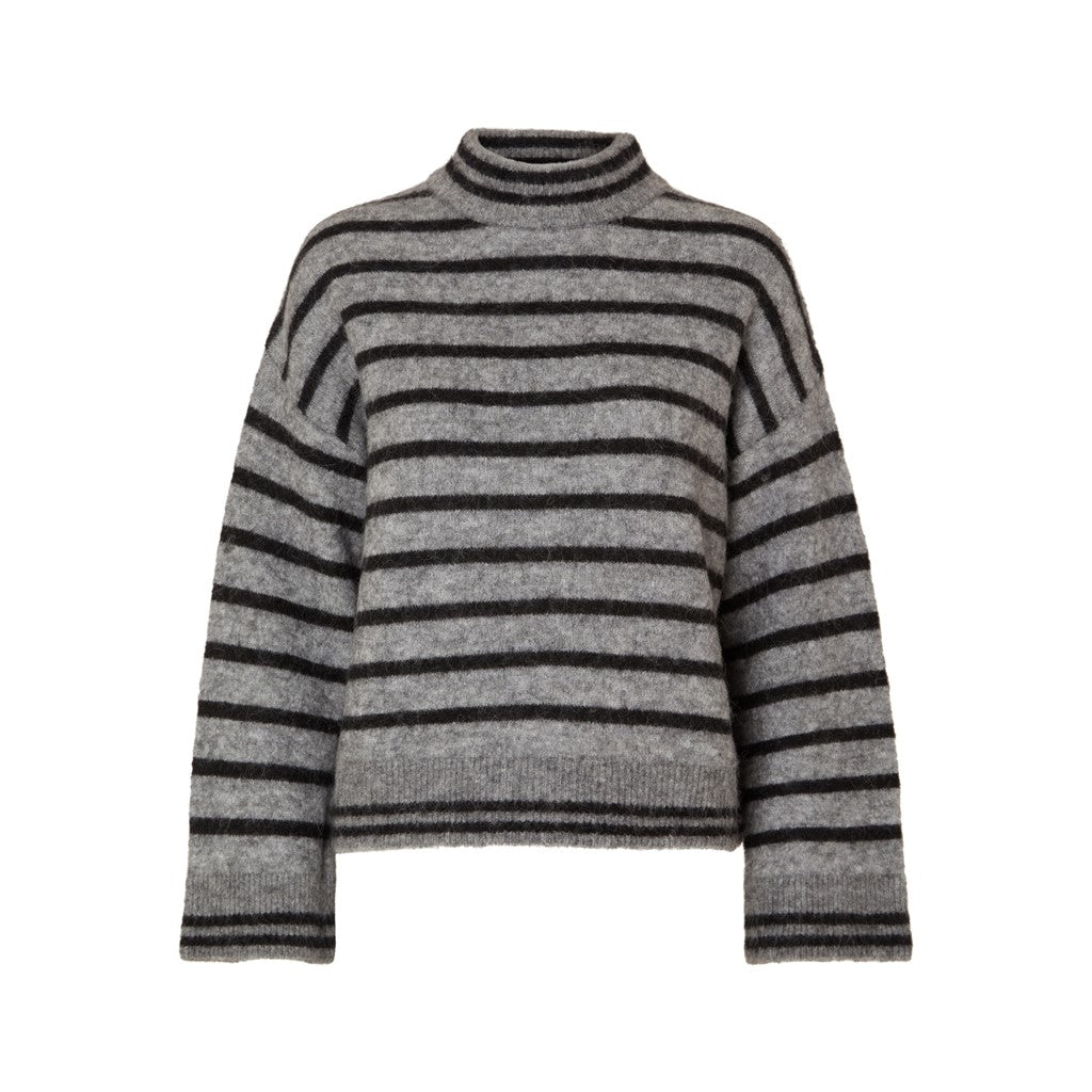 Sia Ras Stripe LS Knit T-Neck EX - Medium Grey Melange/Black