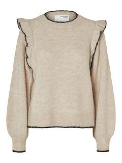 Alva Frills Ls Knit O-Neck - Birch/Black