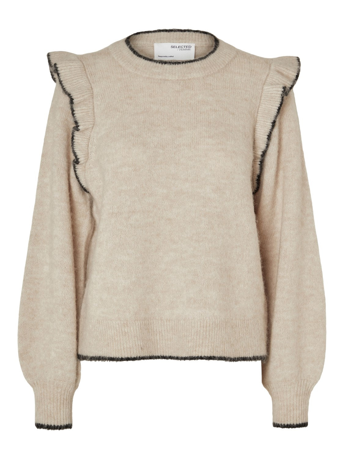 Alva Frills Ls Knit O-Neck - Birch/Black