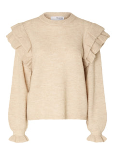 Lulu Ls Knit Shoulder Frills O-Neck - Birch Melange