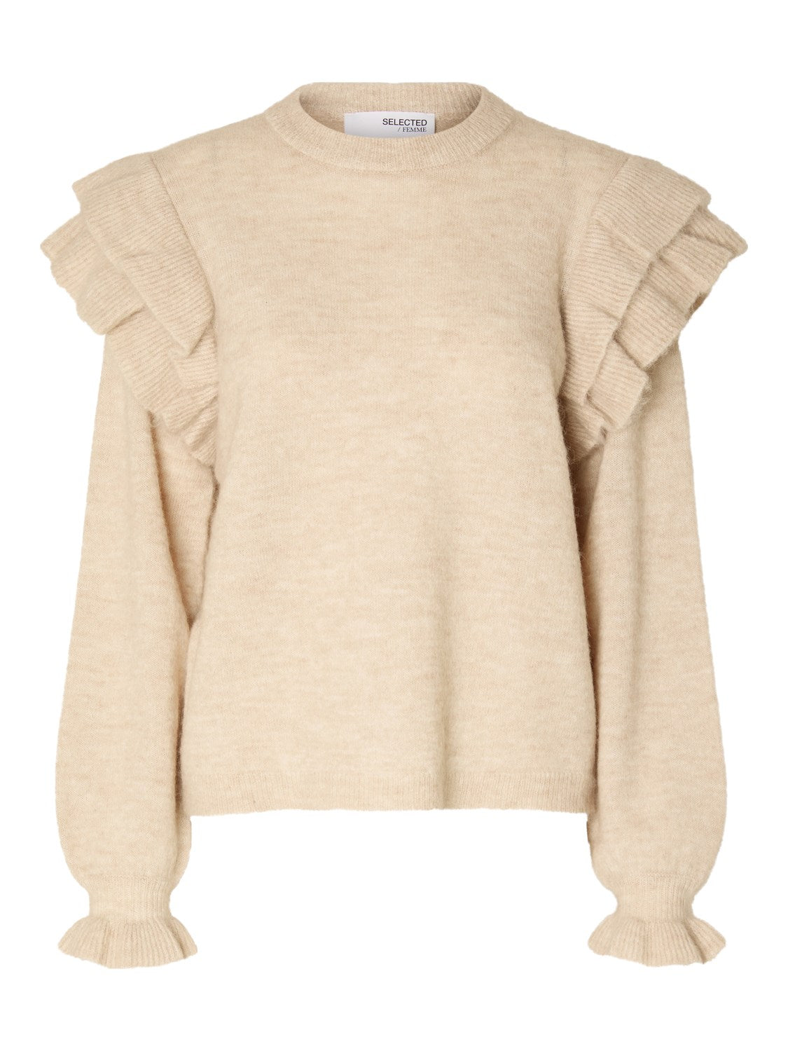 Lulu Ls Knit Shoulder Frills O-Neck - Birch Melange
