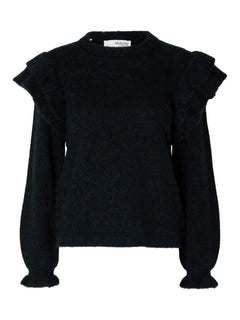 Lulu Ls Knit Shoulder Frills O-Neck - Dark Sapphire Melange