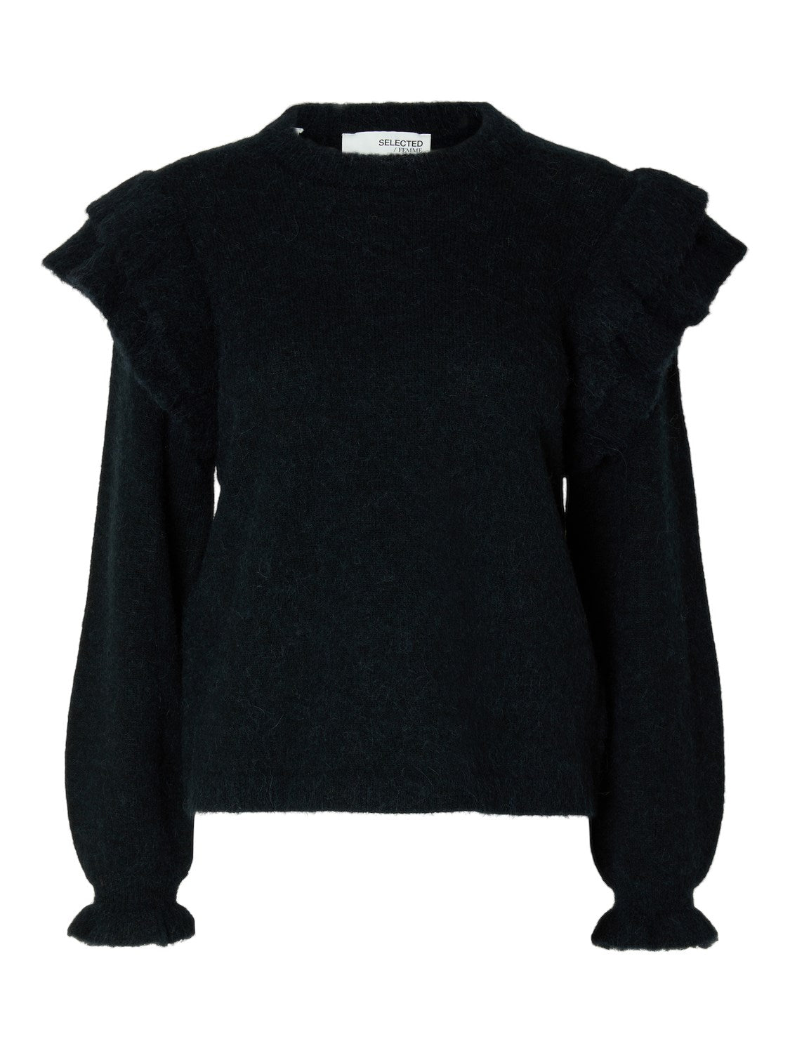 Lulu Ls Knit Shoulder Frills O-Neck - Dark Sapphire Melange