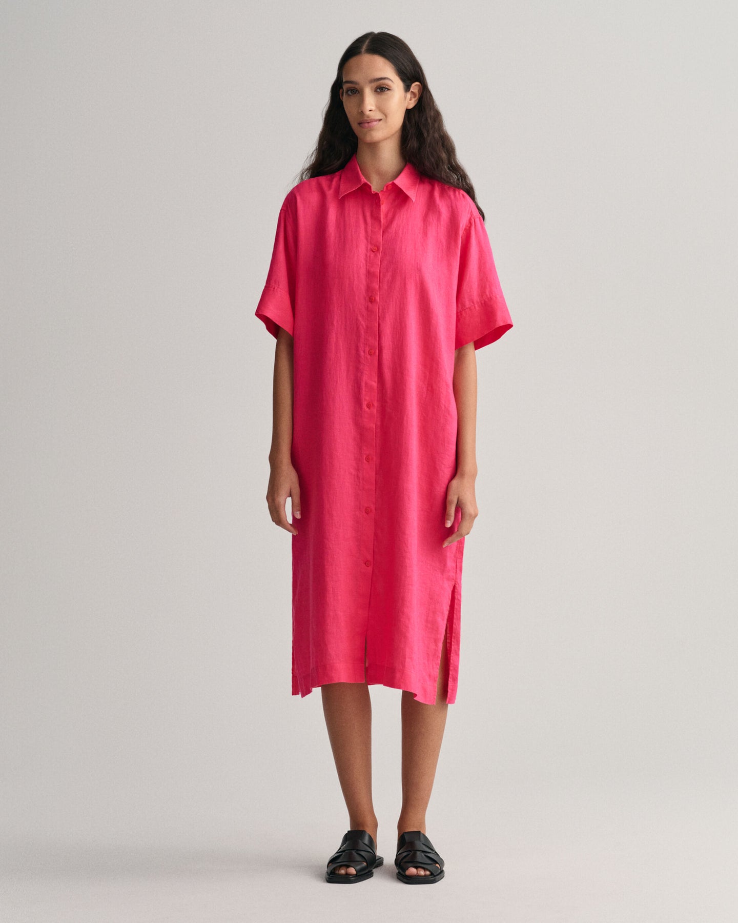 Relaxed Ss Linen Shirt Dress - Magenta Pink