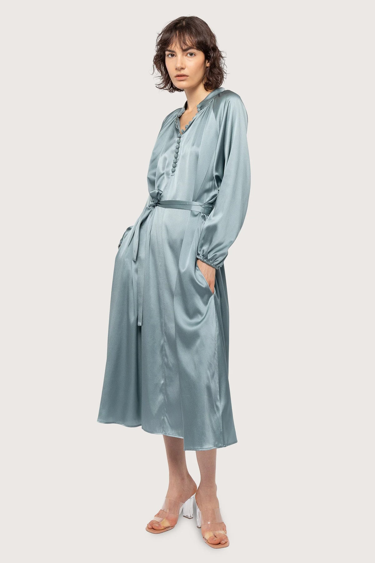 Silk Satin Bohemian Wide Dress - French Blue