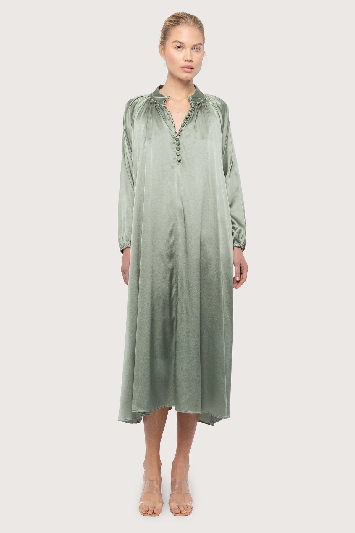 Silk Satin Bohemian Wide Dress - Light Seaweed