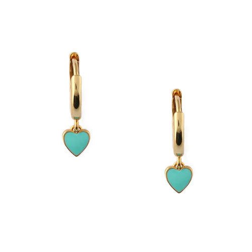 Turquoise Enamel Heart Drop Huggie Hoop Earrings - Turquoise