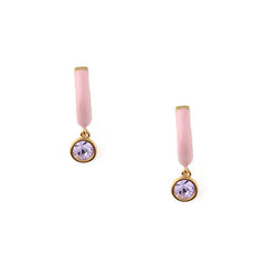 Pink Enamel Drop Huggie Hoop Earrings With Swarovski Crystals - Pale Gold