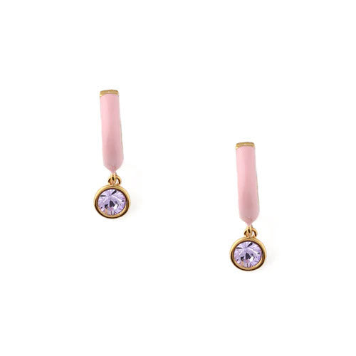 Pink Enamel Drop Huggie Hoop Earrings With Swarovski Crystals - Pale Gold