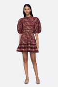 Giulia Print Puff Slv Pintucked Dress - Maroon