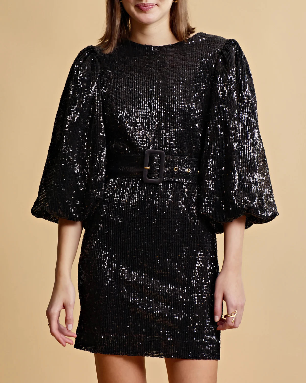 Sequins Puff Sleeve Mini Dress - Black