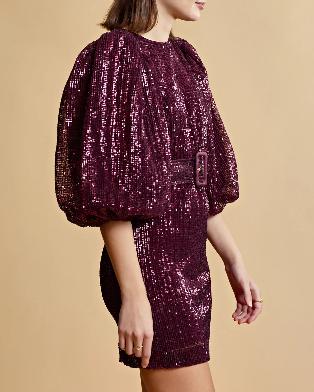 Sequins Puff Sleeve Mini Dress - Plum