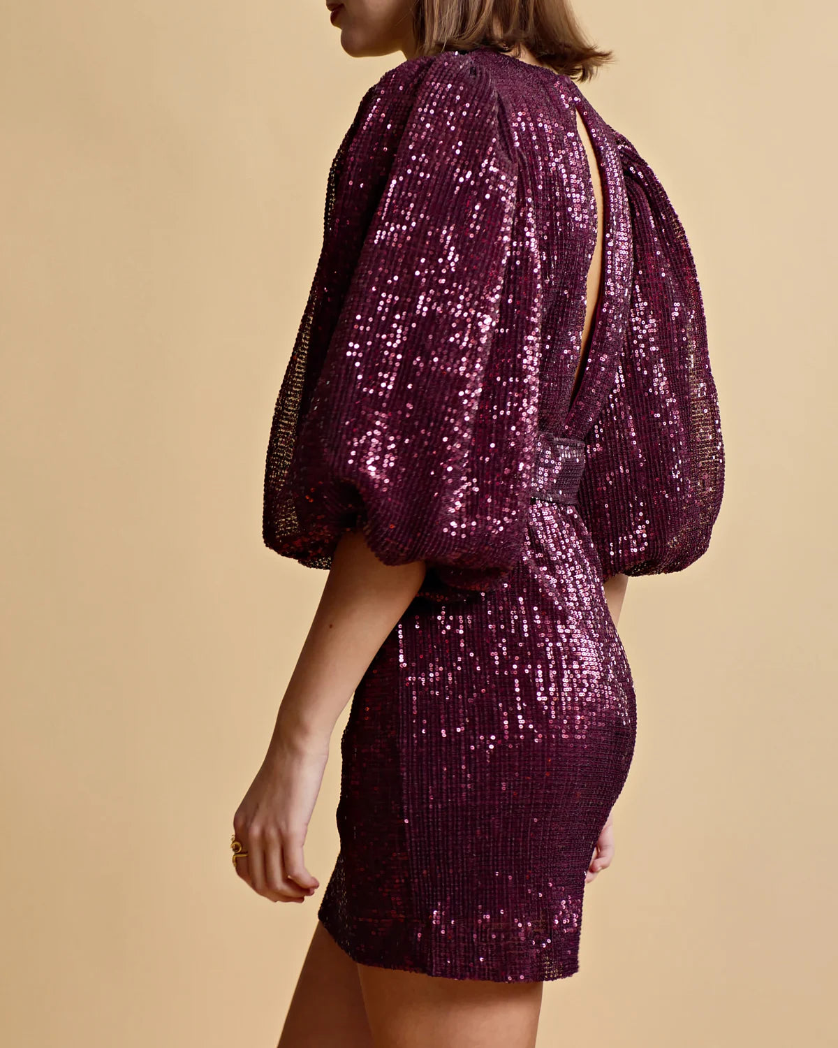 Sequins Puff Sleeve Mini Dress - Plum