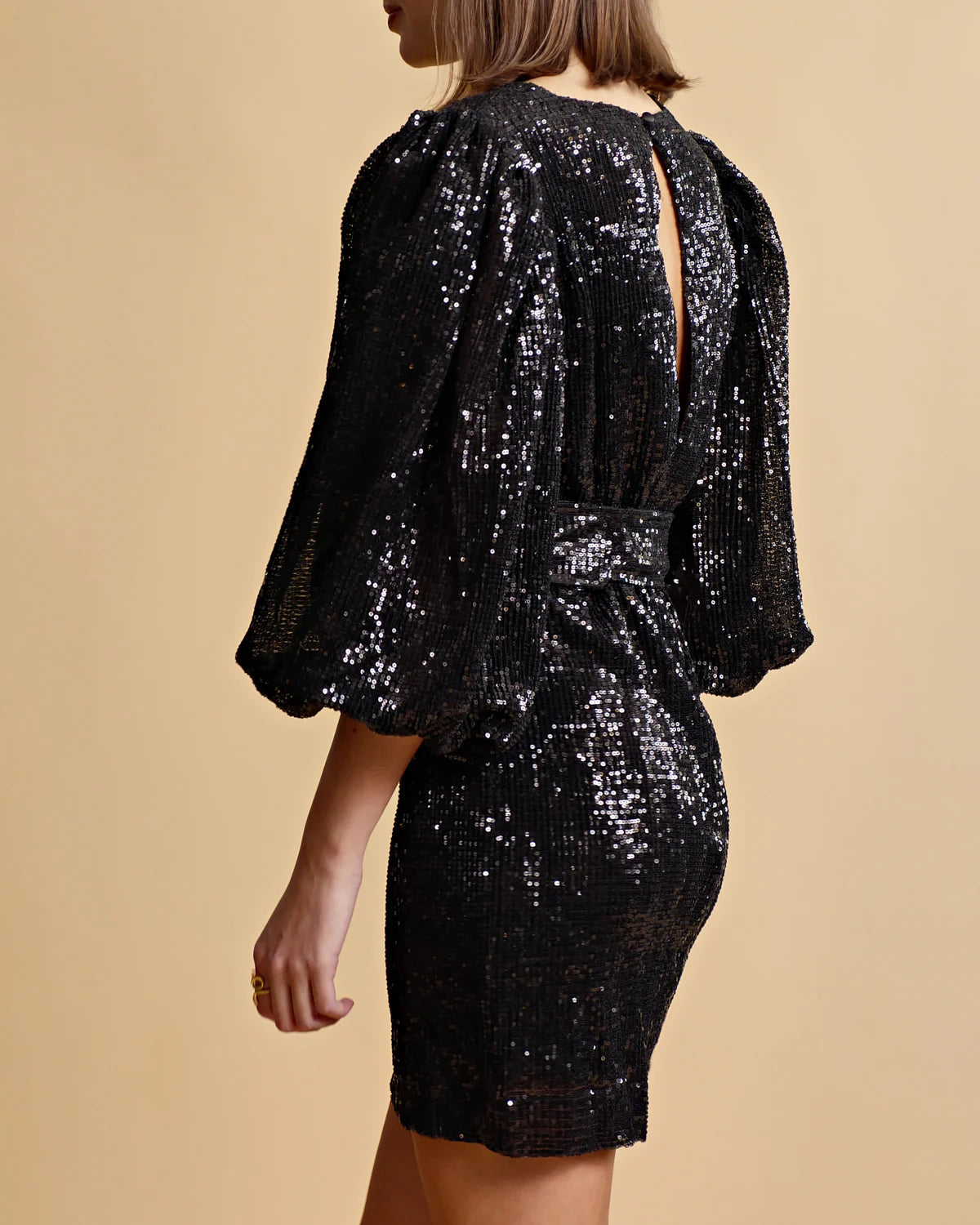 Sequins Puff Sleeve Mini Dress - Black