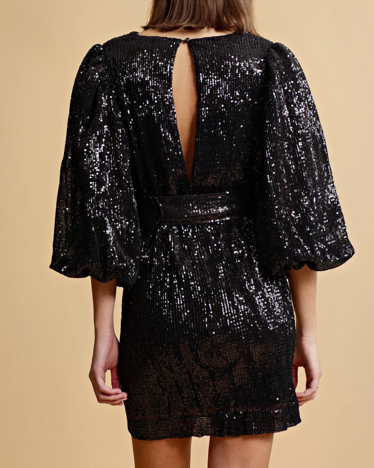 Sequins Puff Sleeve Mini Dress - Black