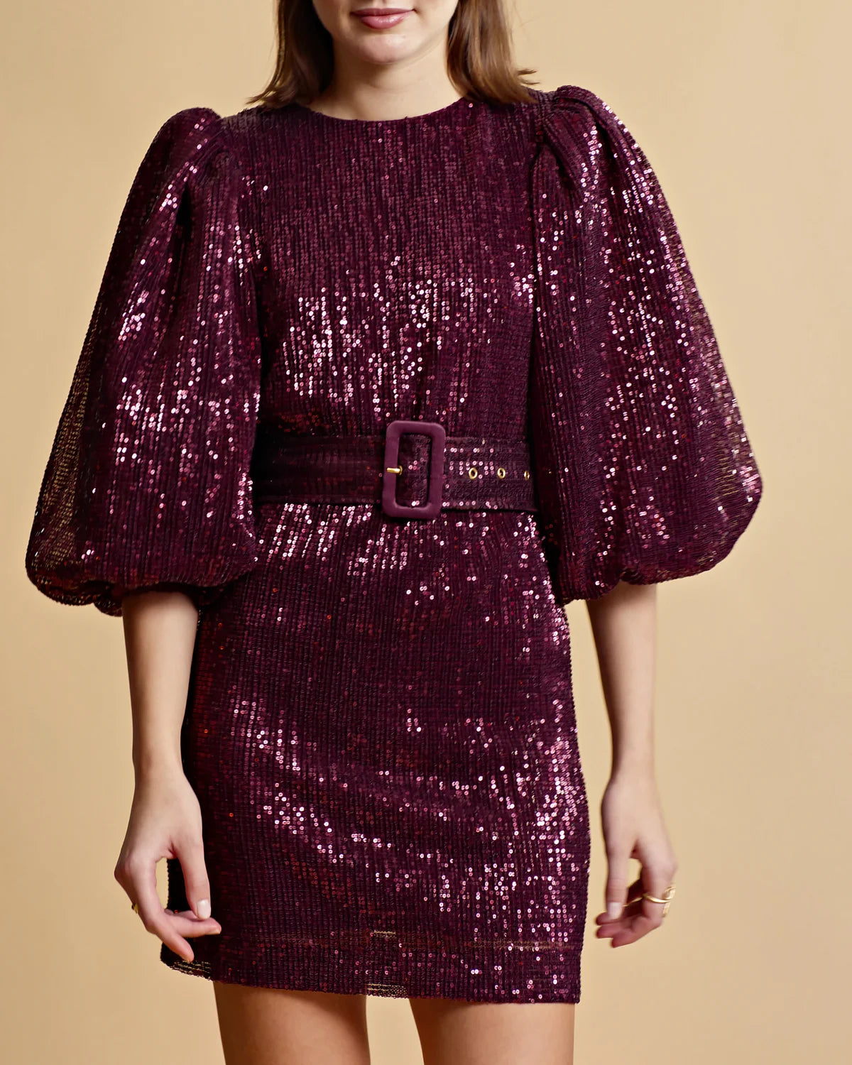 Sequins Puff Sleeve Mini Dress - Plum