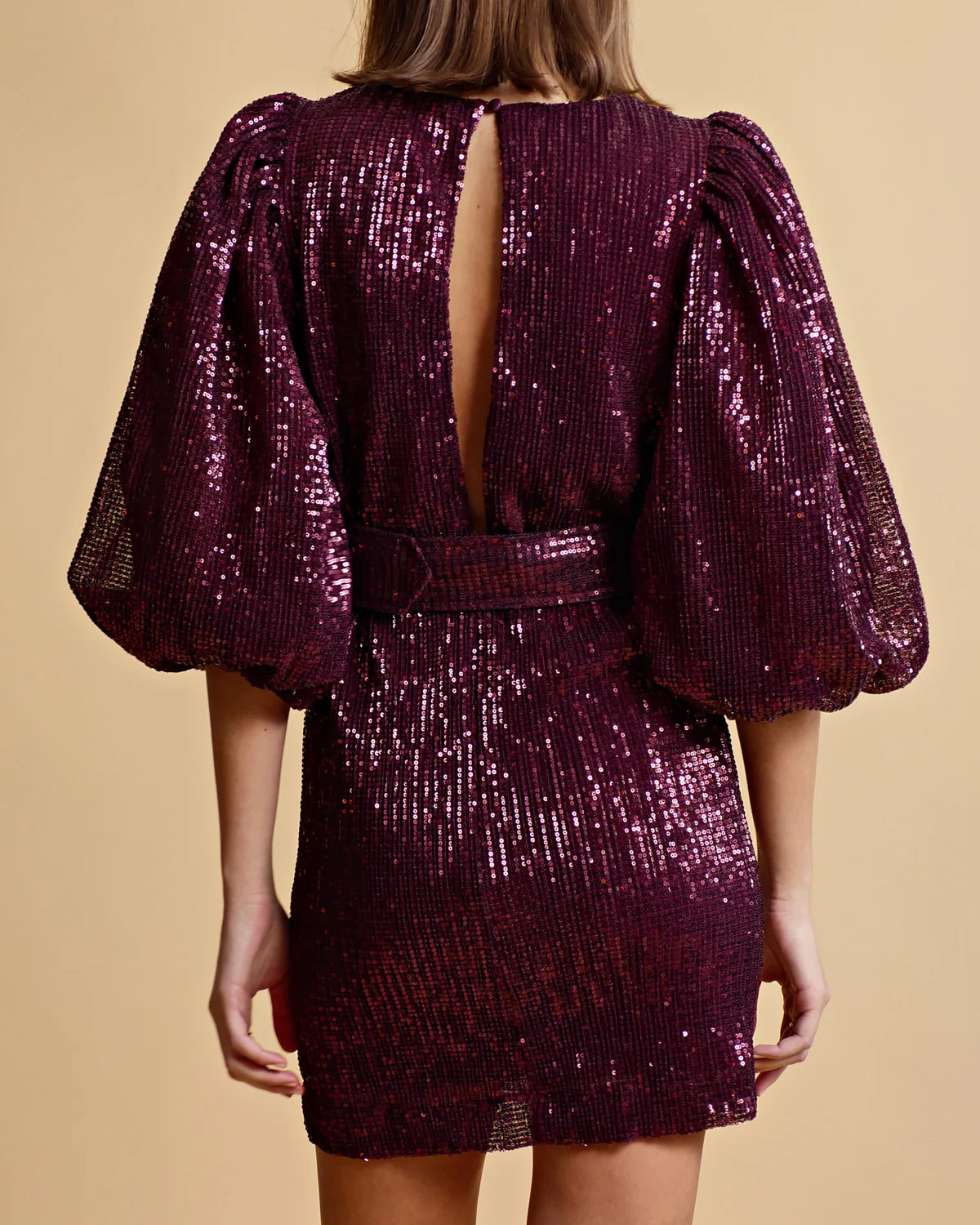Sequins Puff Sleeve Mini Dress - Plum