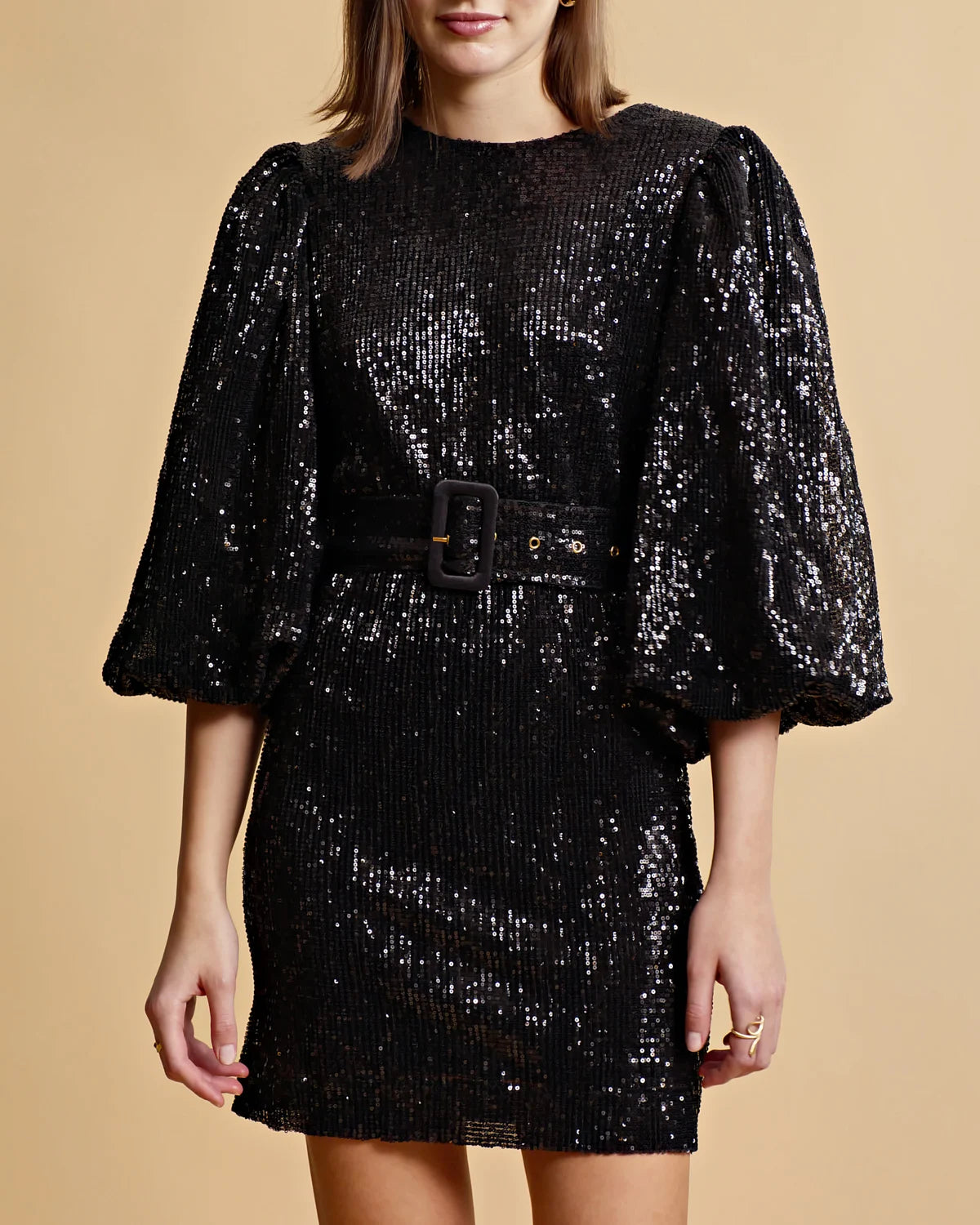 Sequins Puff Sleeve Mini Dress - Black