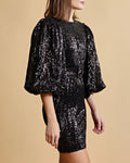 Sequins Puff Sleeve Mini Dress - Black