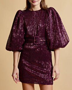 Sequins Puff Sleeve Mini Dress - Plum