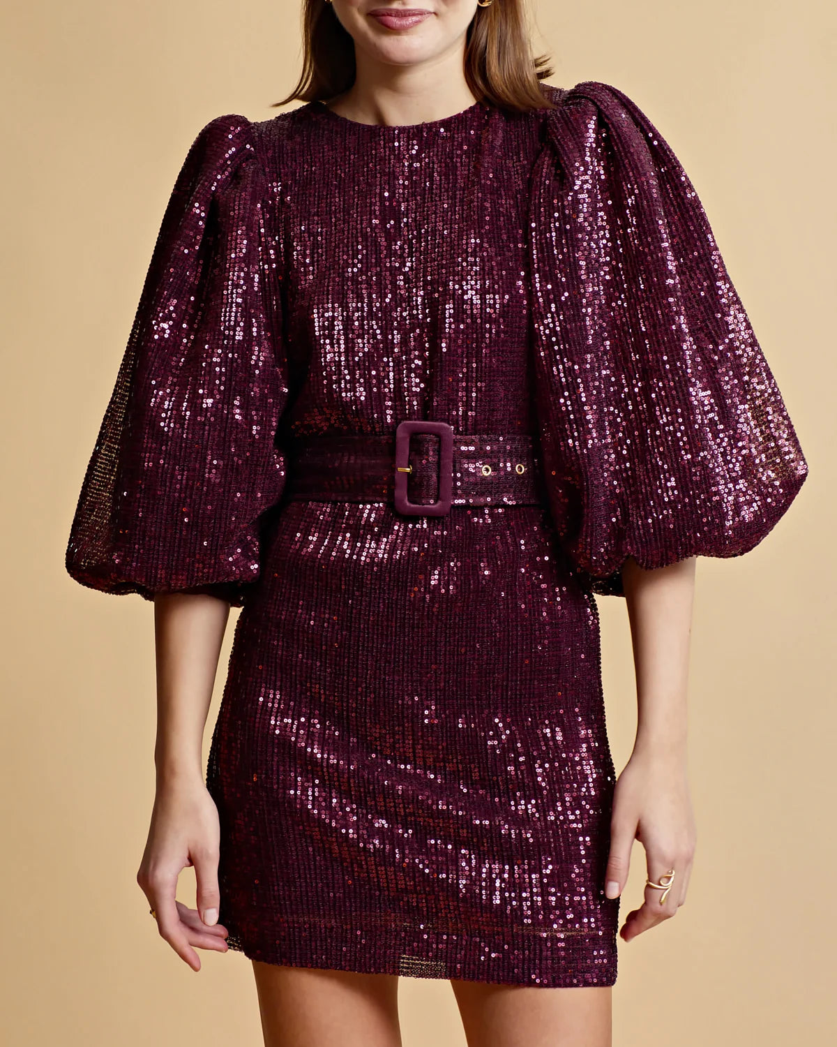 Sequins Puff Sleeve Mini Dress - Plum