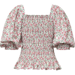 Rikka Top - White With Rose Flowers