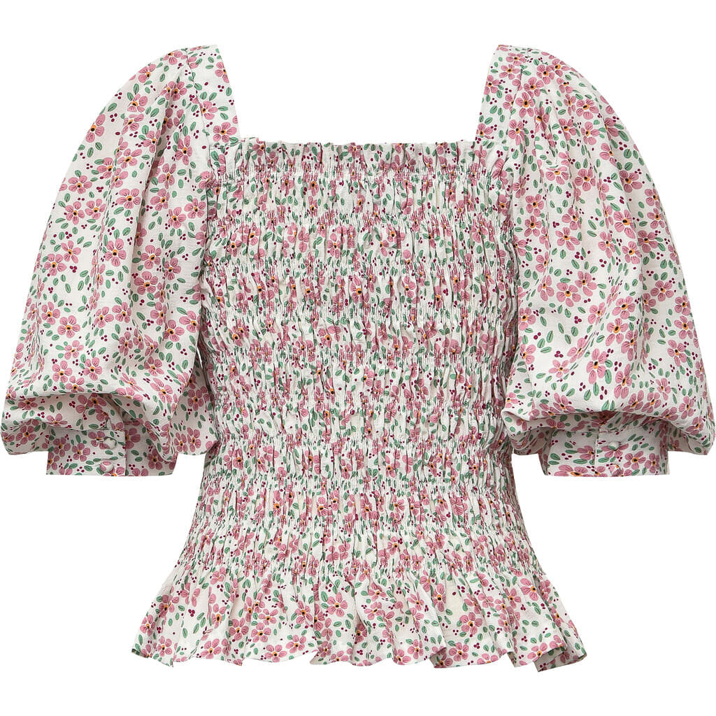 Rikka Top - White With Rose Flowers