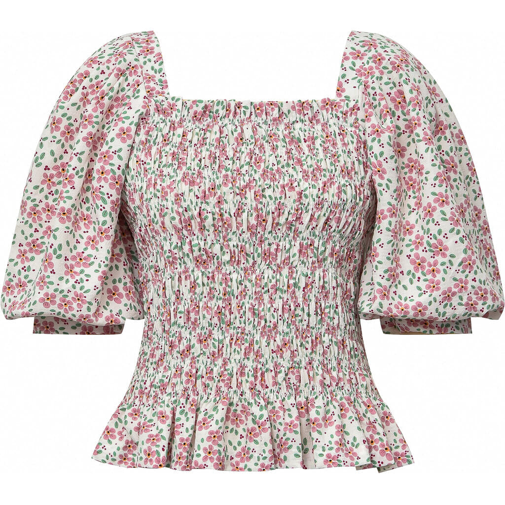 Rikka Top - White With Rose Flowers