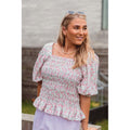 Rikka Top - White With Rose Flowers