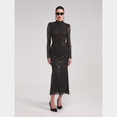 Square Rhinestone Mesh Midi Dress - Black