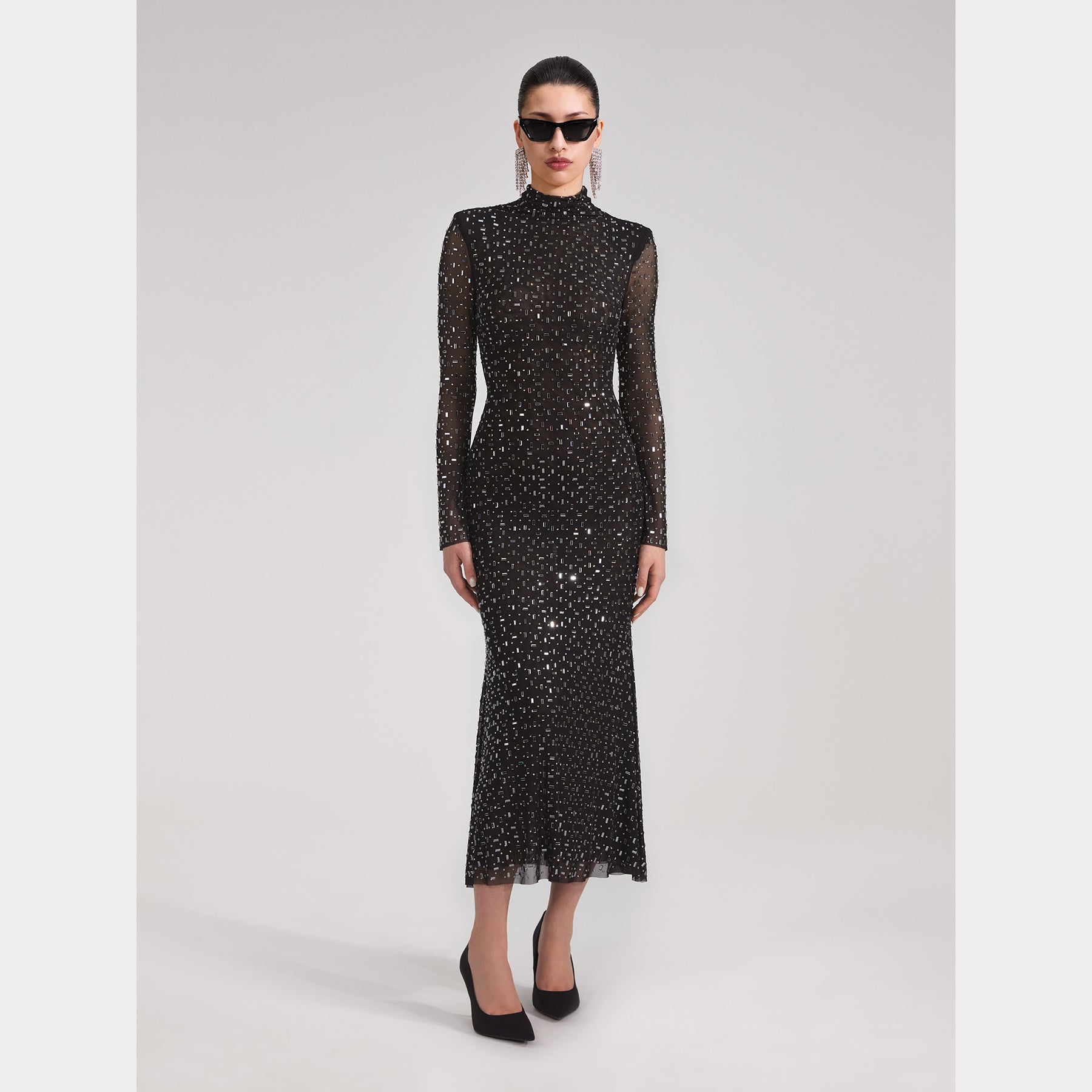 Square Rhinestone Mesh Midi Dress - Black