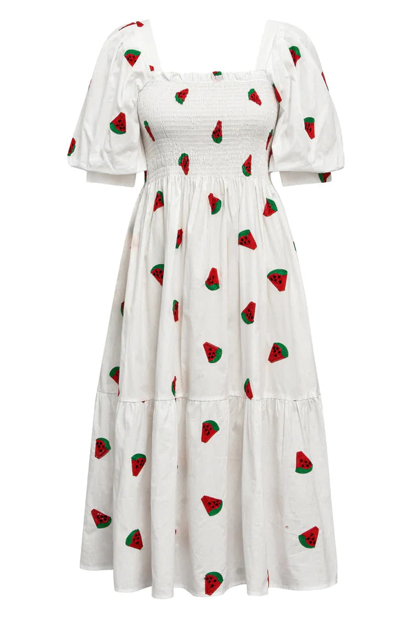 Cheri Fruit Dress - White With Watermelon