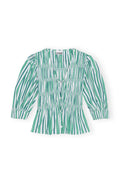 Stripe Cotton V-Neck Fitted Blouse - Creme De Menthe