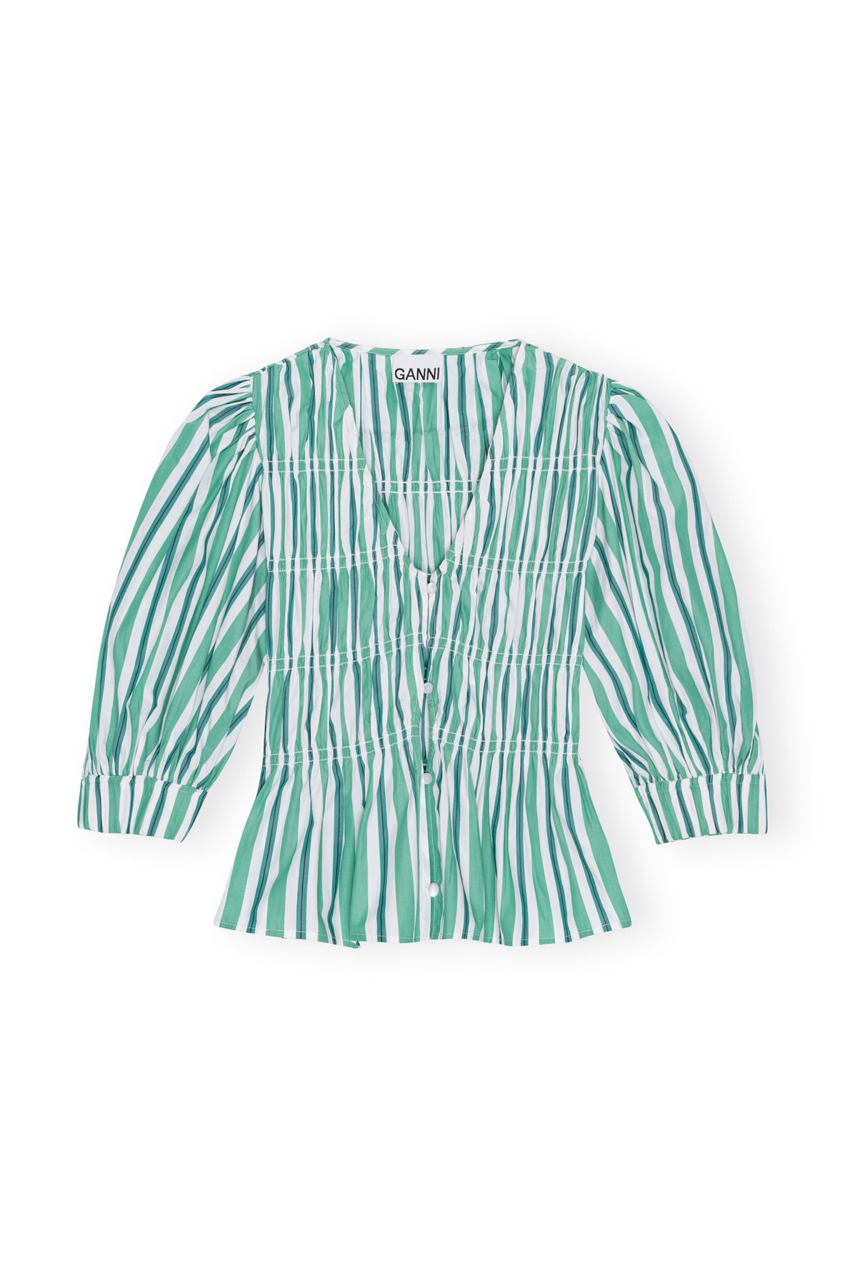 Stripe Cotton V-Neck Fitted Blouse - Creme De Menthe
