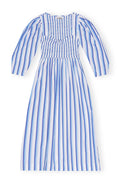 Stripe Cotton Open-Neck Smock Long Dress - Silver Lake Blue