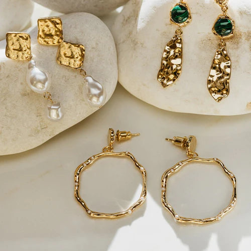Molten & Pearl Embellished Open Circle Drop Earrings - Pearl